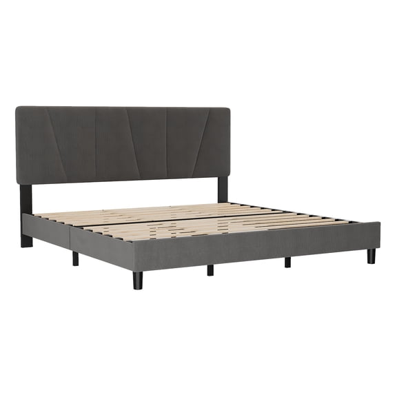 King Size Bed Frame with Adjustable Headboard, Linen Upholstered Platform Bed with Wooden Slats, No Box Spring Needed, Easy Assembly