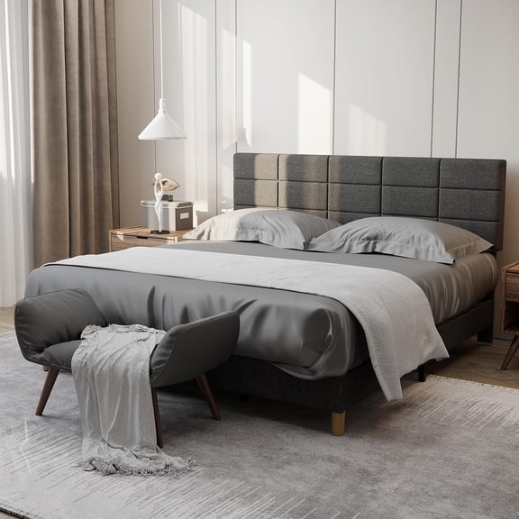 King Size Bed Frame with Adjustable Memory Foam Headboard, Linen Upholstered Platform, 700lbs Support, Grey