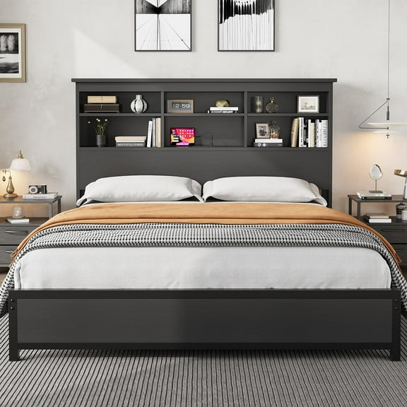 King Size Bed Frame with Bookcase Headboard, Tall Wooden Bed Headboard Frame, Under Bed Storage Space, No Box Spring Needed, Black