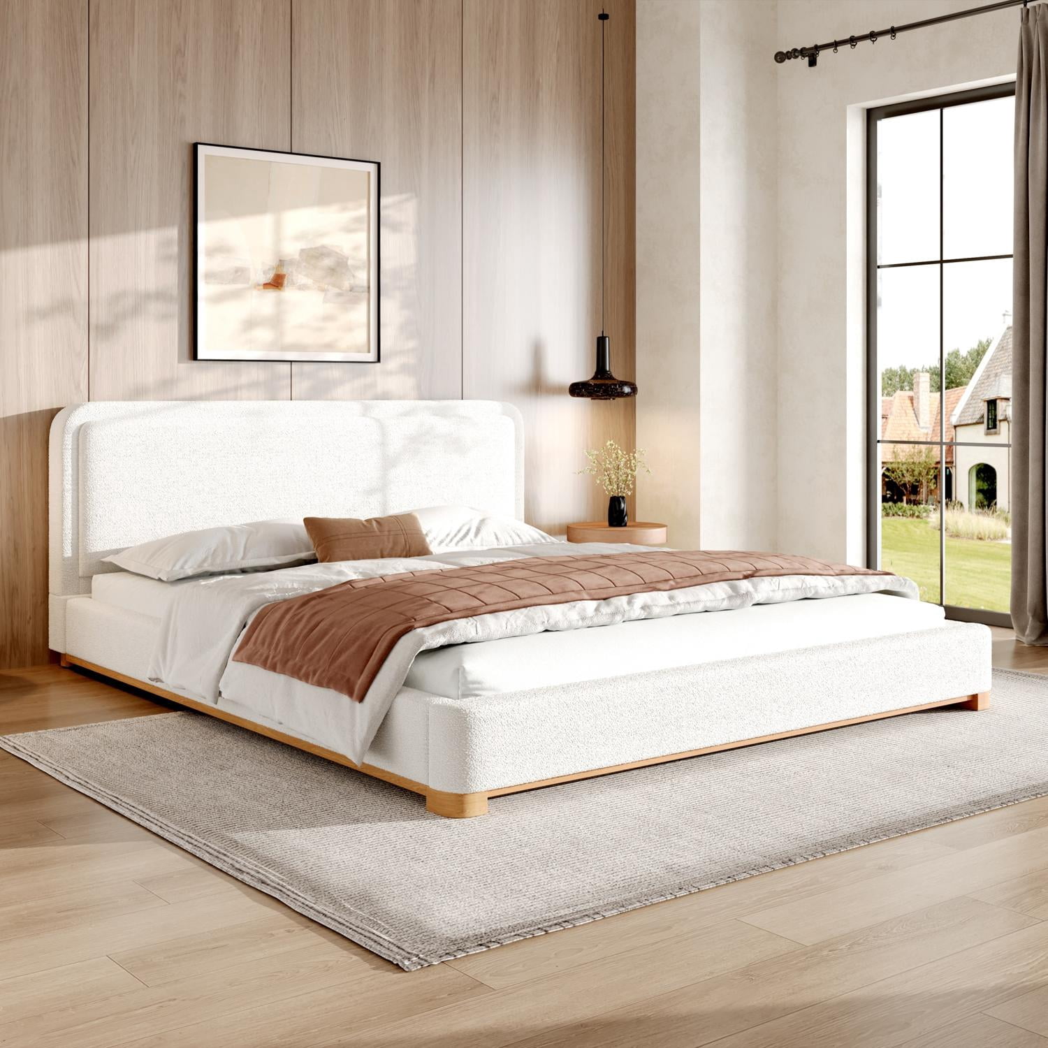 King Size Bed Frame with Boucle Upholstered Curved Headboard & Solid Wood Base, Platform Bed for Bedroom, White