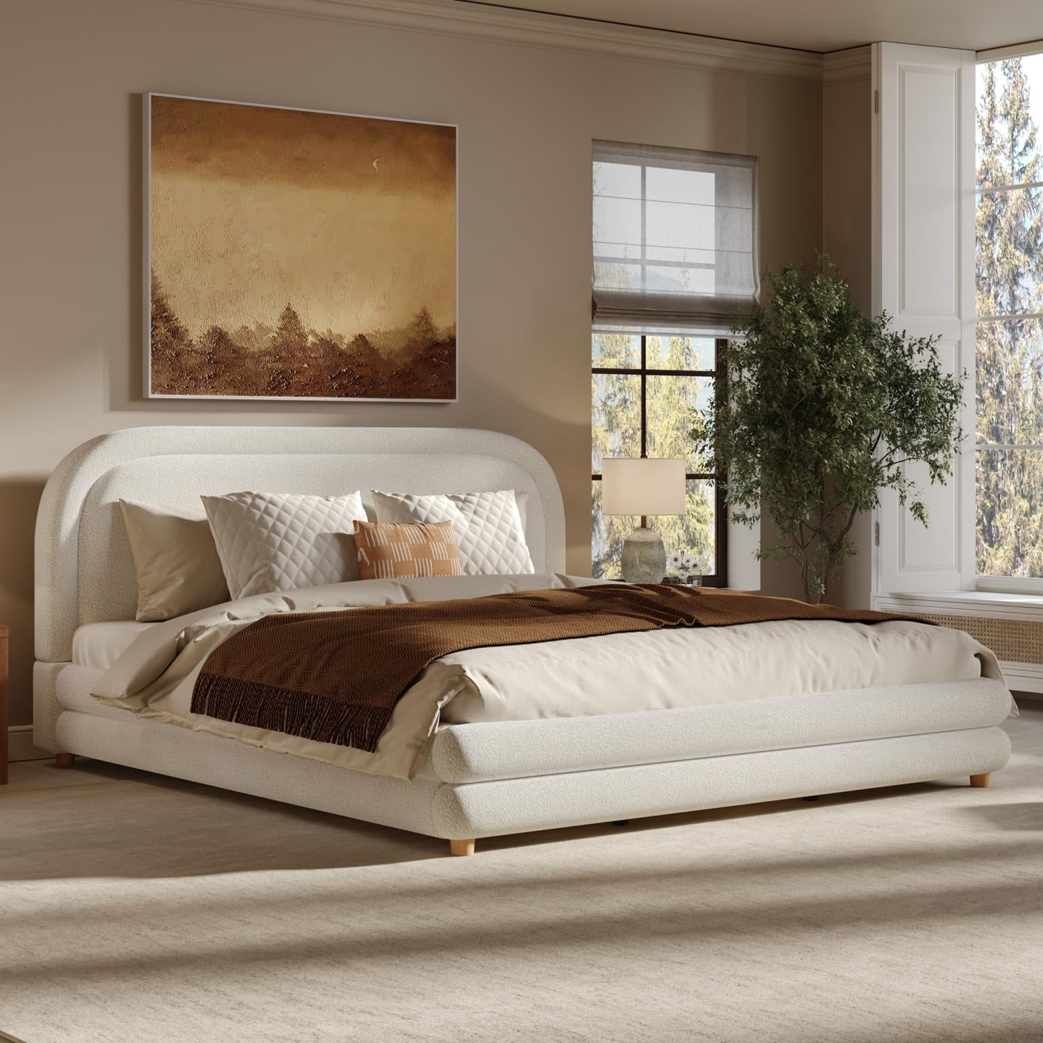 King Size Bed Frame with Boucle Upholstered Thick Curved Headboard & Solid Wood Legs, Platform Bed for Bedroom, White