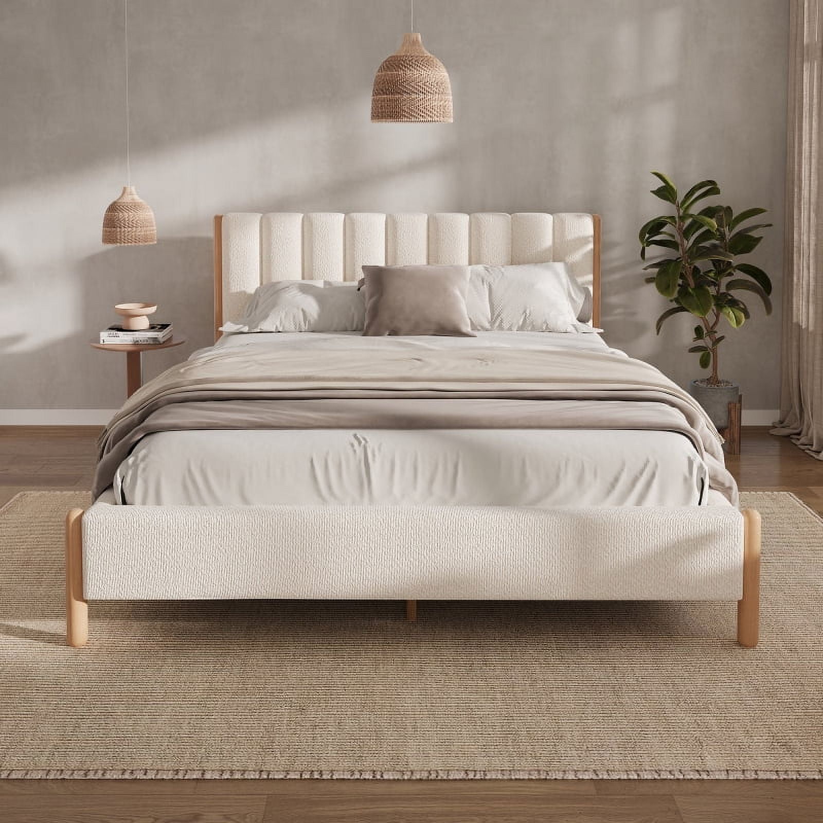 King Size Bed Frame with Boucle Upholstered Thick Headboard, Solid Wooden Legs, White