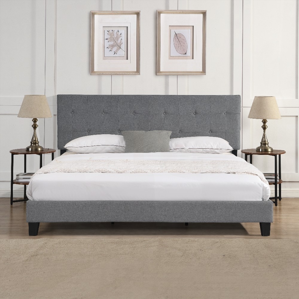 King Size Bed Frame with Button Tufted Headboard - Easy Assembly, No Box Spring Needed