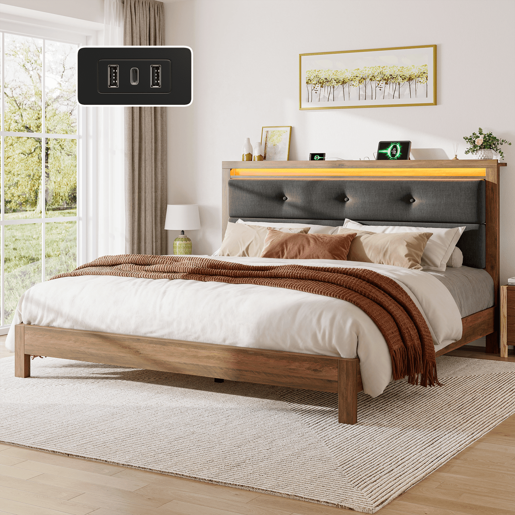 King Size Bed Frame with Headboard & Charging Station & LED Lights Upholstered Bed Frame with Storage Platform Wood Bed