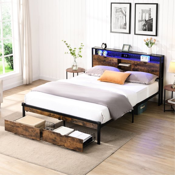 King Size Bed Frame with Headboard Storage, 2 Drawers, USB Ports / LED Lighting, Solve Charging Problem in Bed