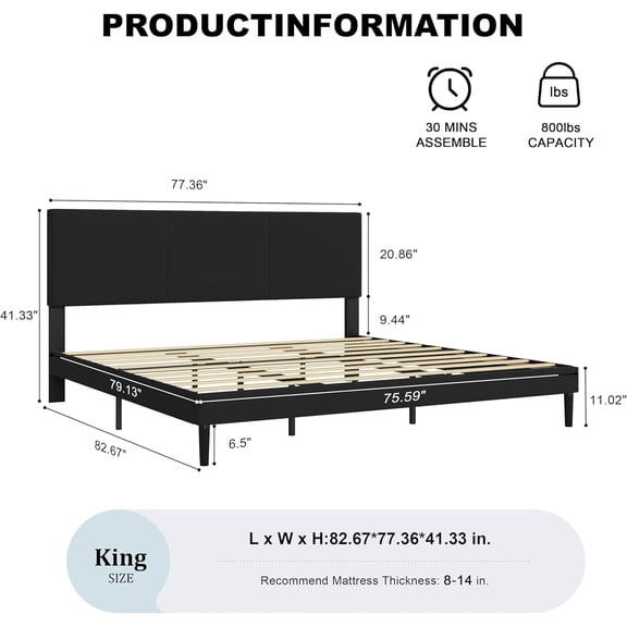 King Size Bed Frame with Headboard, Vertical Channel Tufted Platform Bed, Metal Frame, No Box Spring Needed, Beige (Black, K)
