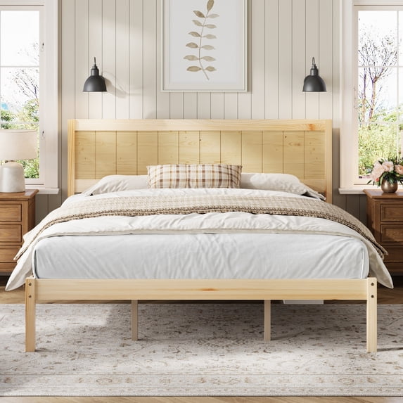 King Size Bed Frame with Headboard,Wood Bed Frame with Slat Support,No Box Spring Needed,Oak
