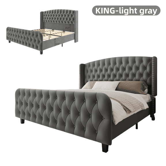King Size Bed Frame with Headboard and Footboard, Velvet Upholstered Platform Bed Frame, No Box Spring Needed, Grey