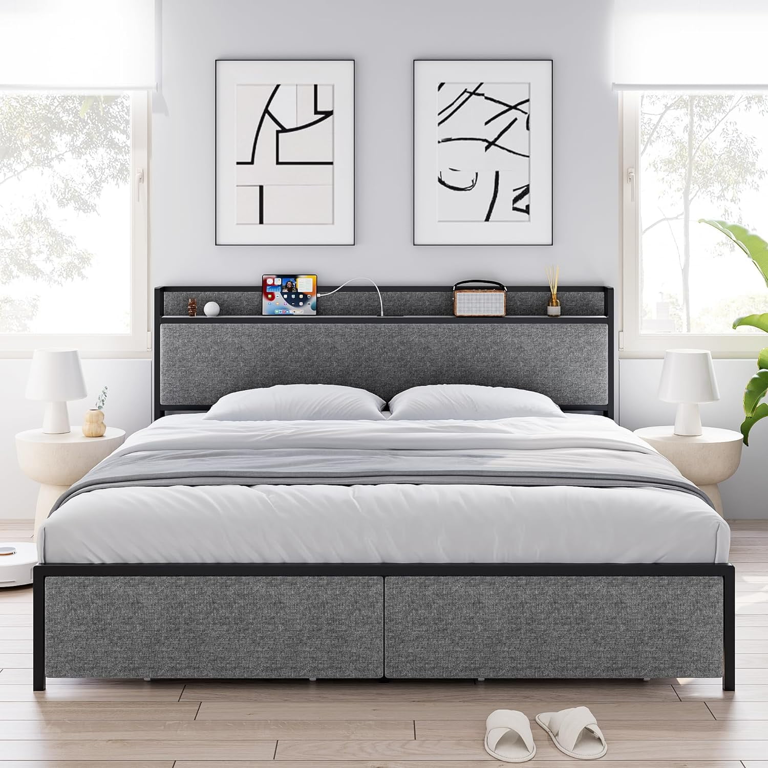King Gray Upholstered Platform Bed with Storage Drawers and Headboard