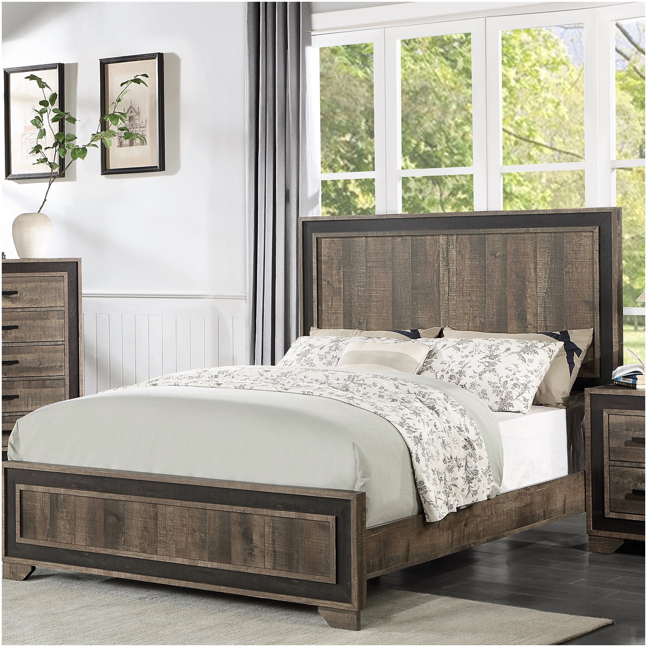 King Size Bed Frame with High Panel Headboard, Modern Farmhouse Style in Oak Finish for Master Bedroom