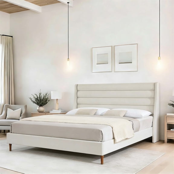 King Size Bed Frame with High Wave-Shaped Headboard, Premium Chenille Fabric, No Box Spring Needed, Easy Assembly, Modern Minimalist Design