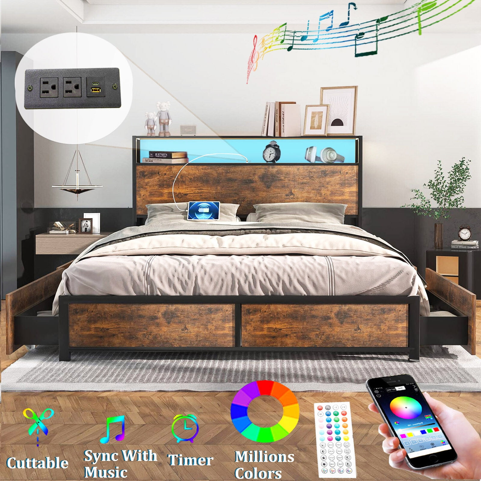 LED Full Bed Frame with Storage Headboard & 4 Drawers, Industrial Metal Platform Bed with Power Charging Station & USB Ports