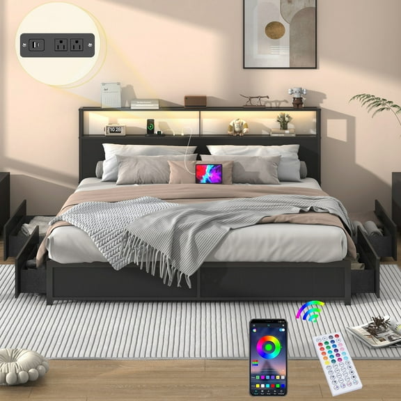 King Size Bed Frame with LED Light Headboard & Outlets, Metal Platform Bed with 4 Storage Drawers, 2 Tier Headboard