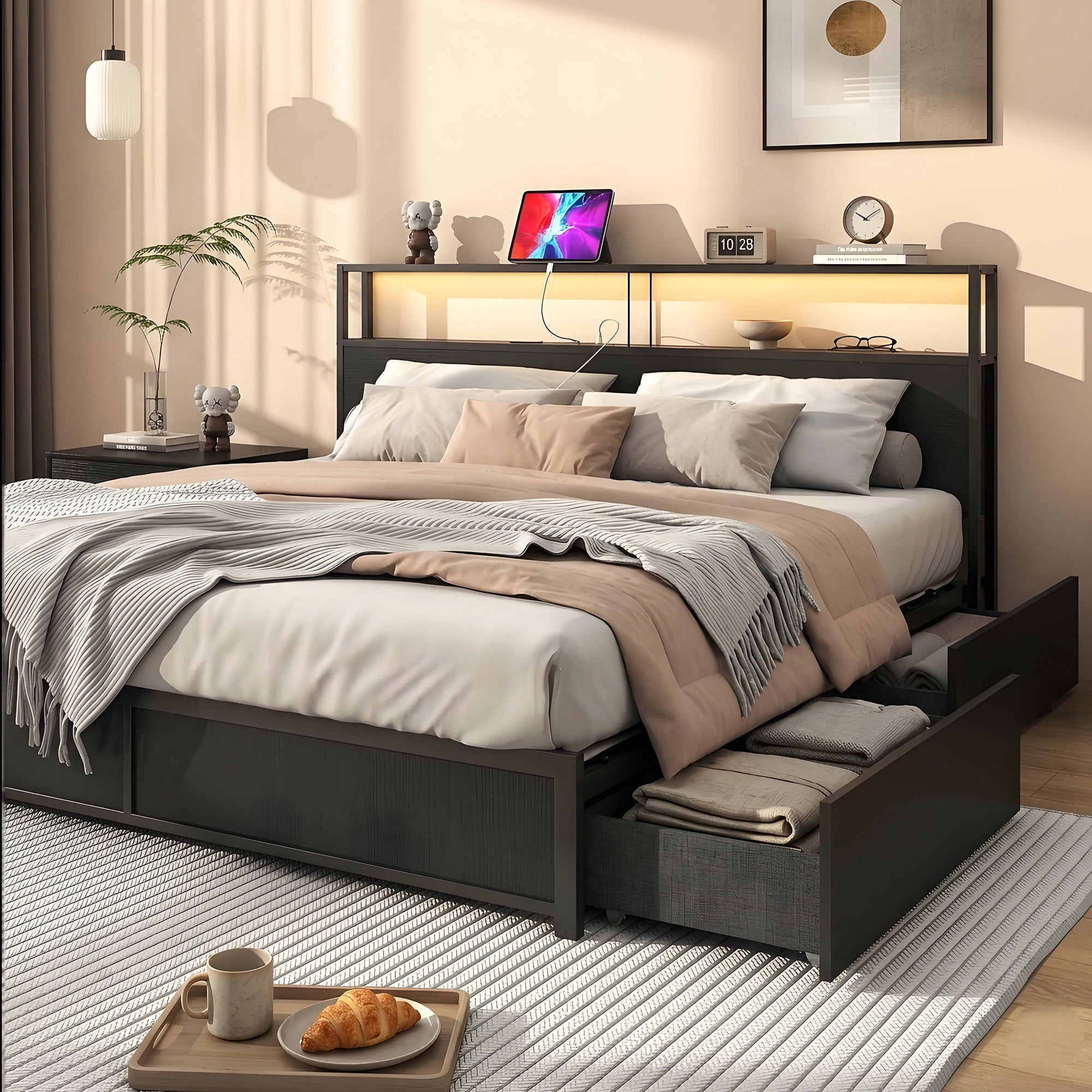LED King Size Bed Frame with Storage Headboard & 4 Drawers, Industrial Metal Platform Bed with Power Charging Station & USB Ports