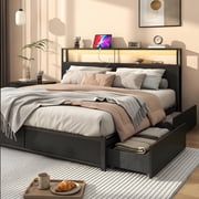 LED King Size Bed Frame with Storage Headboard & 4 Drawers, Industrial Metal Platform Bed with Power Charging Station & USB Ports