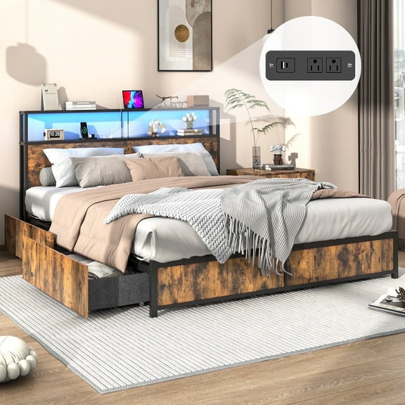 King Size Bed Frame with LED Light & Outlets USB Ports, Metal Platform Bed with Storage Headboard & 4 Large Drawers, No Box Spring Needed