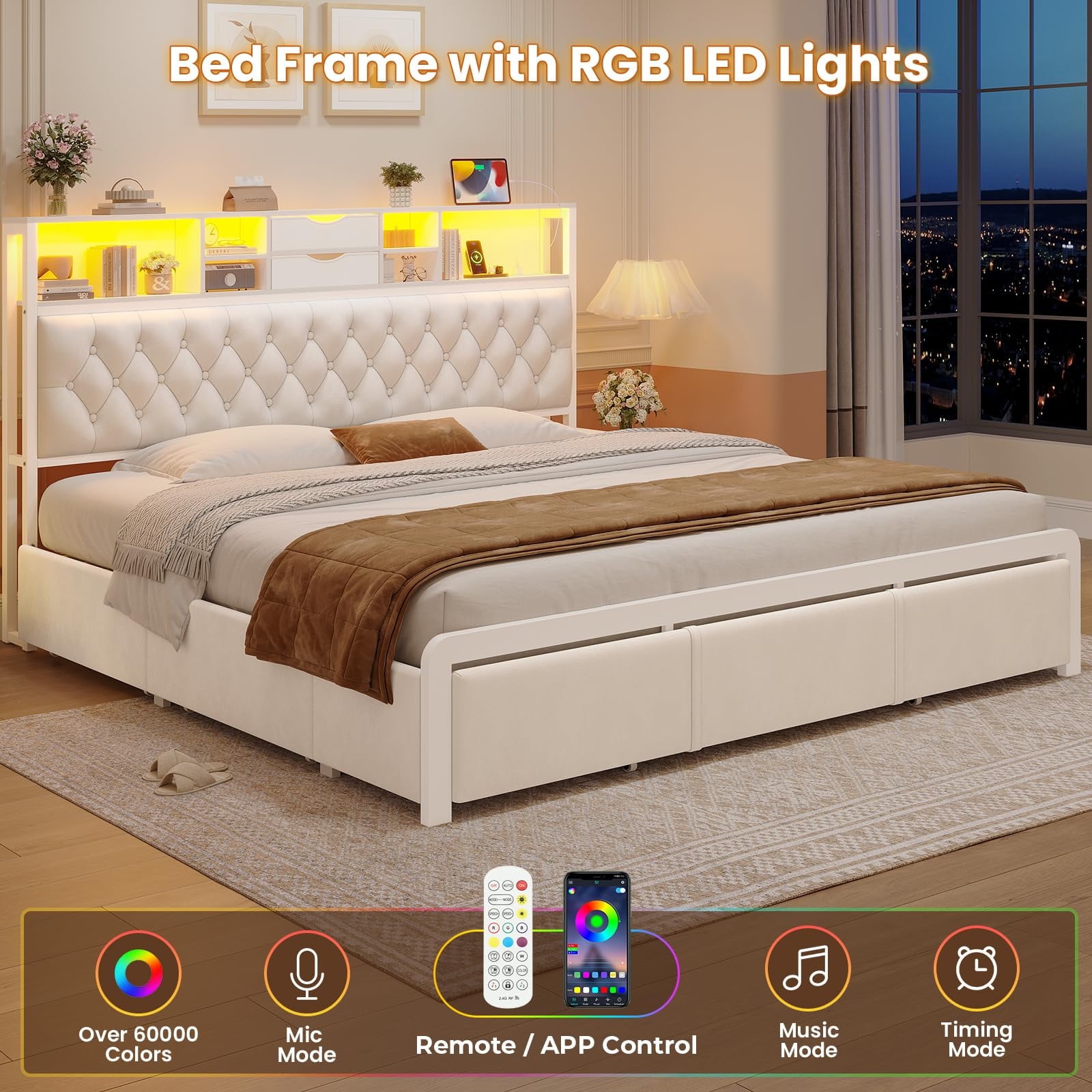 King Size Bed Frame with LED Lights & Charging Station Velvet Upholstered Queen Platform Bed with 5 Storage Drawers and Headboard,No Noise,Beige