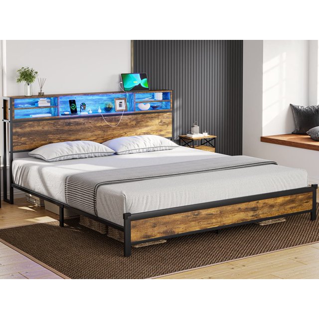 King Size Bed Frame with LED Lights Headboard, Metal Platform Bed with
