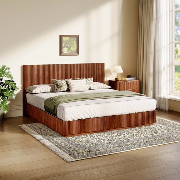 King Size Bed Frame with LED Lights, Modern Wooden Corrugated Curved Lines, Convex Groove Board Design, Walnut,Ships 2 Pkgs