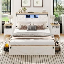King Size Bed Frame with LED Lights and Charging Station, Farmhouse Storage Bed Frame with Headboard and Drawers, No Box Spring Needed, White