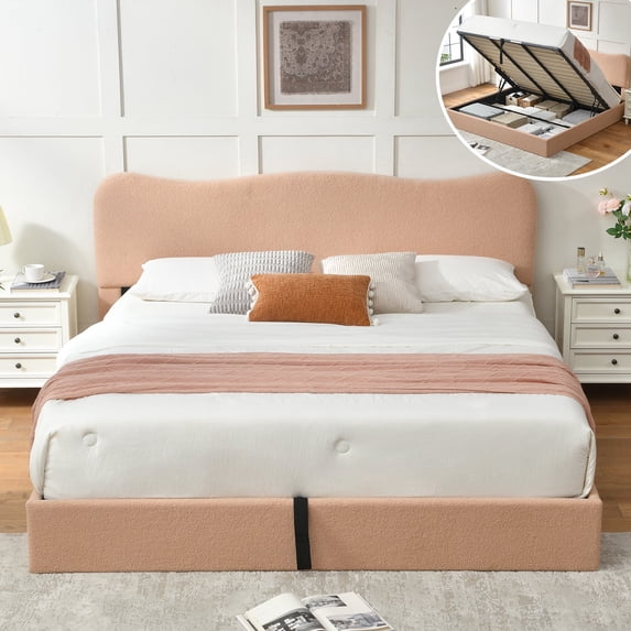King Size Bed Frame with Lift Up Storage, Boucle Upholstered Platform Bed with Curved Headboard, No Box Spring Needed, Hydraulic Storage, Blush Pink