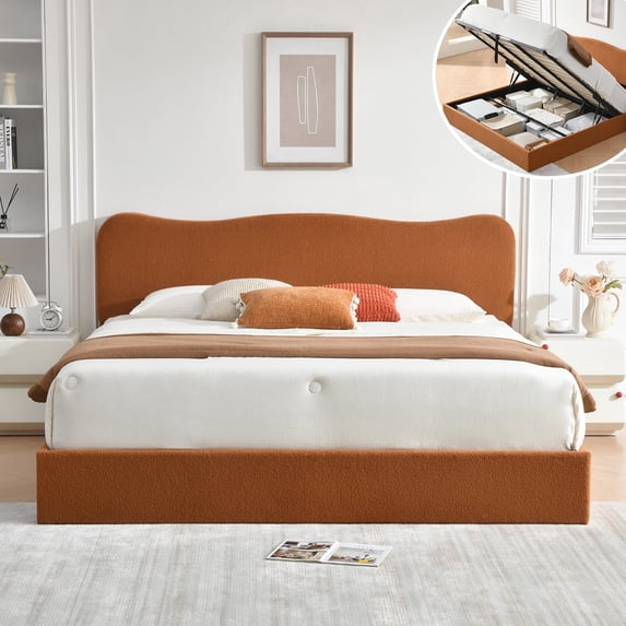King Size Bed Frame with Lift Up Storage, Boucle Upholstered Platform Bed with Curved Headboard, No Box Spring Needed, Hydraulic Storage, Brown