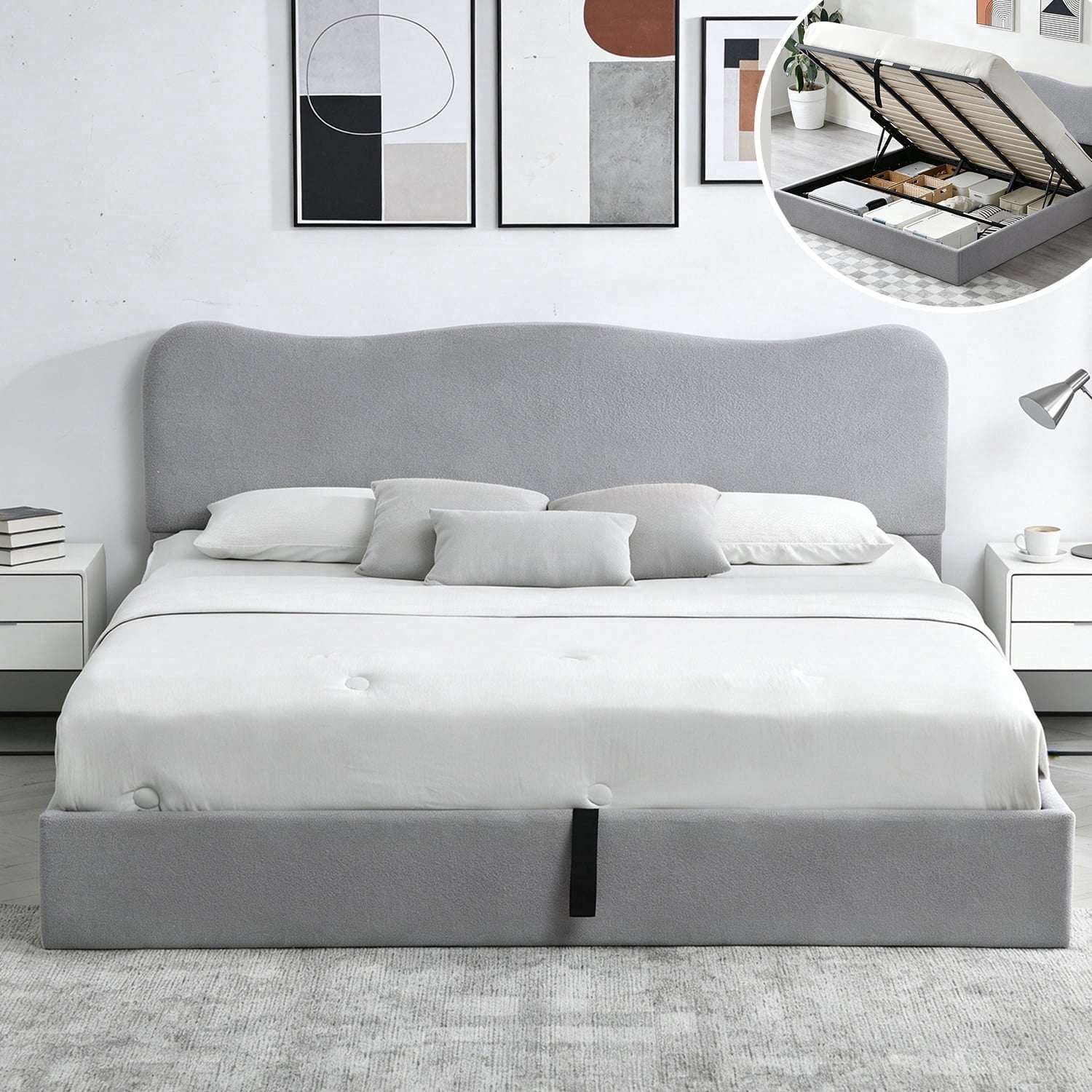 King Size Bed Frame with Lift Up Storage, Boucle Upholstered Platform Bed with Curved Headboard, No Box Spring Needed, Hydraulic Storage, Light Grey