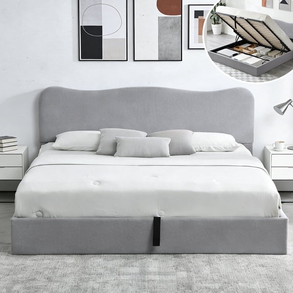 King Size Bed Frame with Lift Up Storage, Boucle Upholstered Platform Bed with Curved Headboard, No Box Spring Needed, Hydraulic Storage, Light Grey