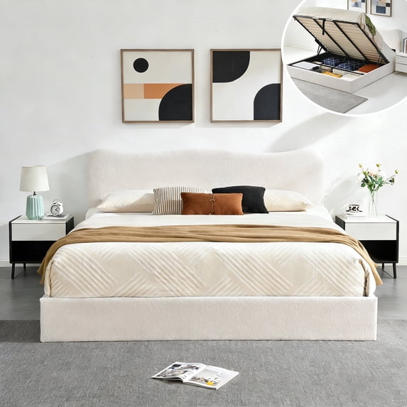 King Size Bed Frame with Lift Up Storage, Boucle Upholstered Platform Bed with Curved Headboard, No Box Spring Needed, Hydraulic Storage, White