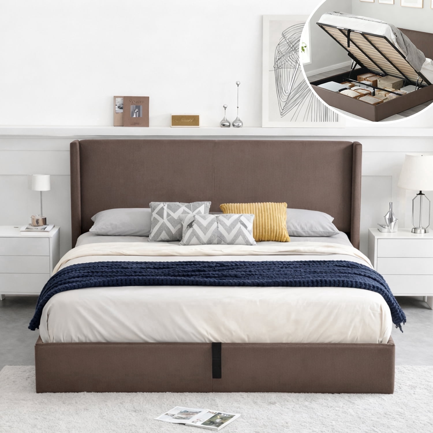 King Size Bed Frame with Lift Up Storage, Corduroy Upholstered Platform Bed with Wingback Headboard, No Box Spring Needed, Hydraulic Storage, Coffee