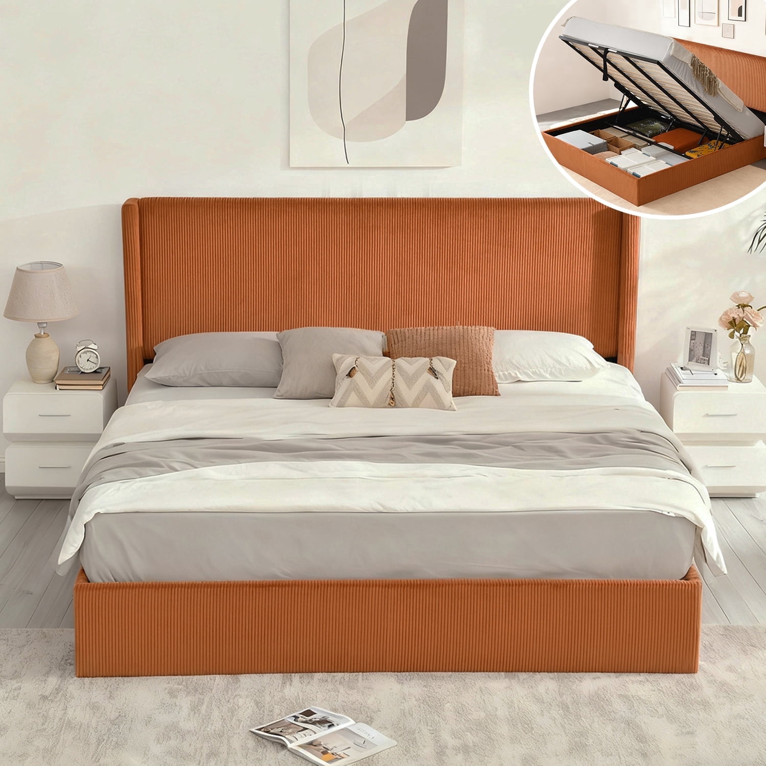 King Size Bed Frame with Lift Up Storage, Corduroy Upholstered Platform Bed with Wingback Headboard, No Box Spring Needed, Hydraulic Storage, Orange
