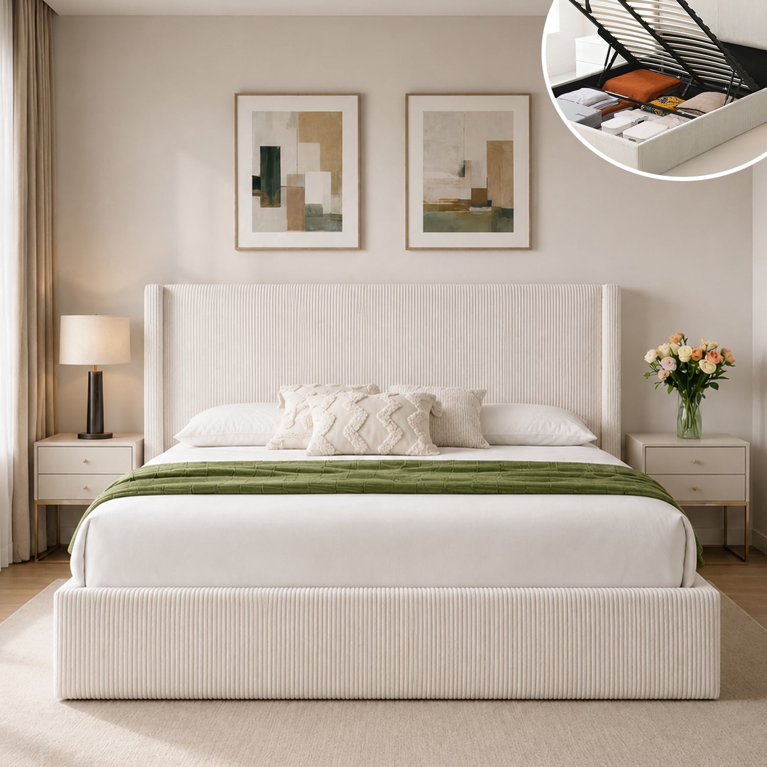 King Size Bed Frame with Lift Up Storage, Corduroy Upholstered Platform Bed with Wingback Headboard, No Box Spring Needed, Hydraulic Storage, White