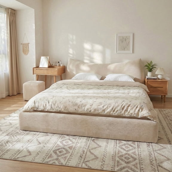 melmine King Size Bed Frame with Removable Headboard & Soft Rounded Corners Cloud Bed Frame Boucle Bed,Beige