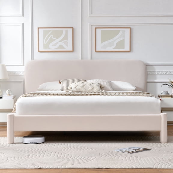 VELOCAVA King Size Bed Frame with Rounded Headboard and Soft Curved Design, Beige