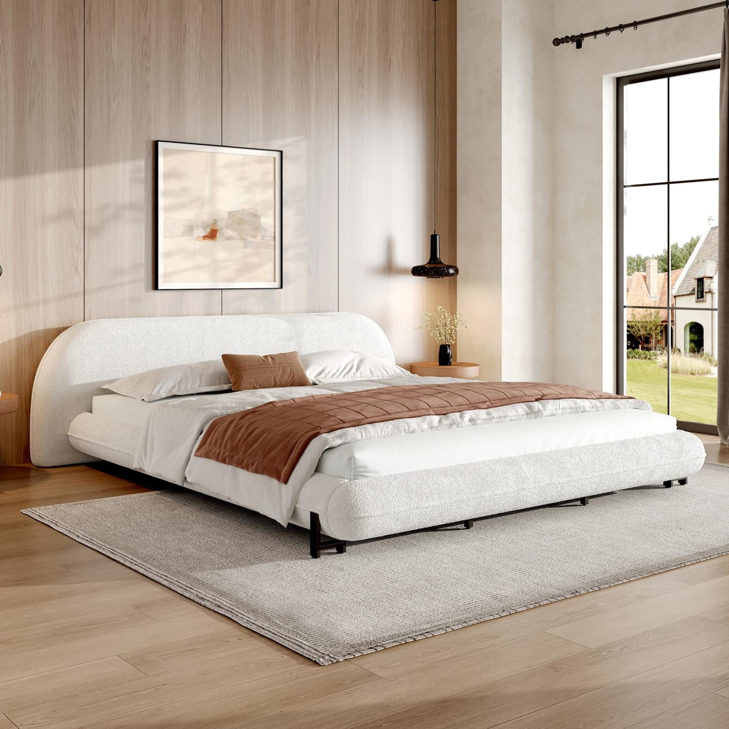 King Size Bed Frame with Soft Boucle Fabric, Curved Thick Padded Headboard, Upholstered Platform Bed for Bedroom, White