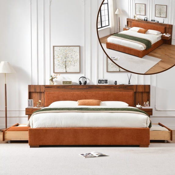 King Size Bed Frame with Storage Drawers & Built-in Nightstands, Wood Bed Frame with Linen Upholstered Headboard, No Box Spring Needed, Ocher