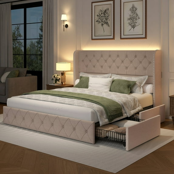 King Size Bed Frame with Storage Drawers and Tufted Headboard Velvet Upholstered Platform Bed Frame with LED Light Wingback, Beige