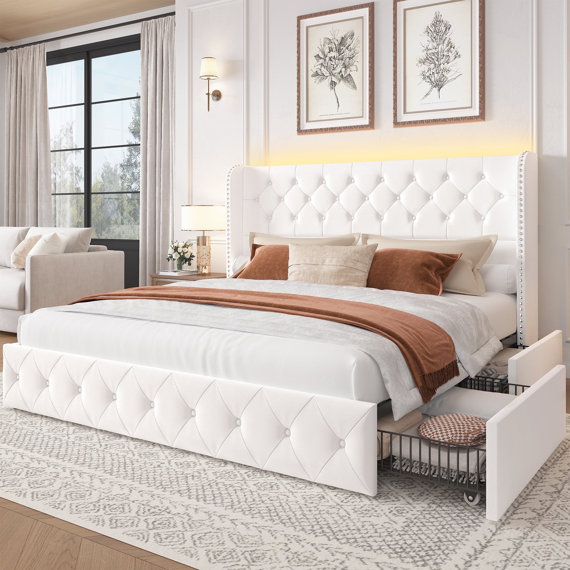 Breltam King Size Bed Frame with Storage Drawers and Tufted Headboard Velvet Upholstered Platform Bed Frame with LED Light Wingback, White