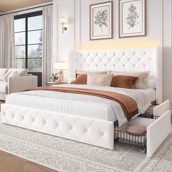 Breltam King Size Bed Frame with Storage Drawers and Tufted Headboard ...