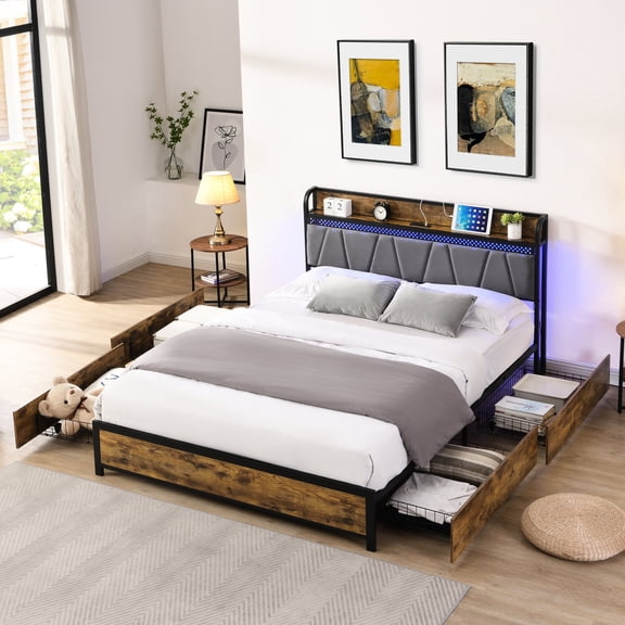 King Size Bed Frame with Storage Headboard Charging Function 4 Roll - Out Drawers and LED Lighting