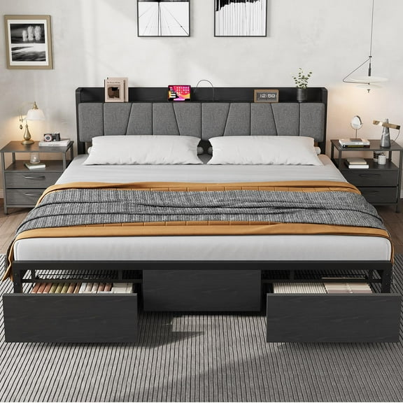 King Size Bed Frame with Storage Headboard, Industrial King Platform Bed with 2 Large Drawers and Charging Station