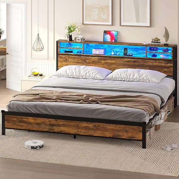 King Size Bed Frame with Storage Headboard, Metal Platform Bed with LED