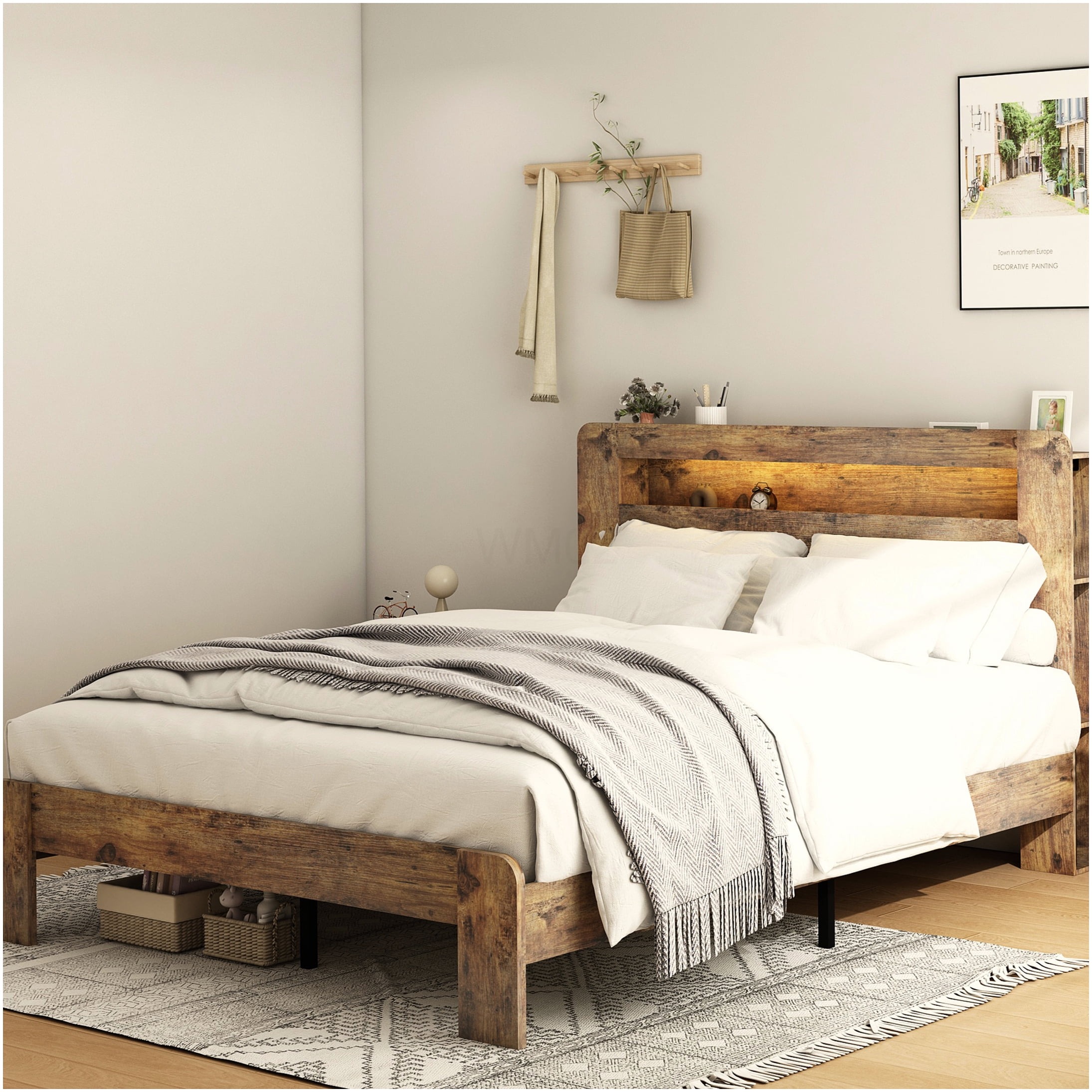 King Size Bed Frame with Storage Headboard, USB Charging Ports, LED Mood Lighting, No Box Spring Needed