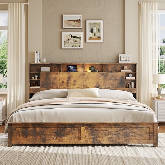 King Size Bed Frame with Storage Headboard,Wood Platform King Bed Frame with Charging Station, LED Lights & Bookcase,No Box Spring Needed,Dark Brown