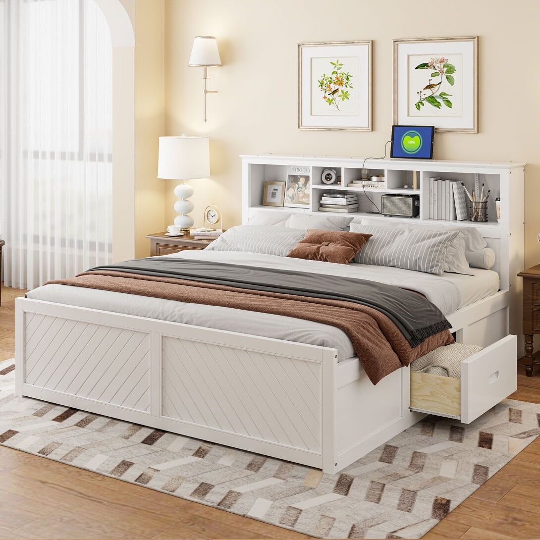 King Size Bed Frame with Storage Headboard, Wooden Platform Bed with USB Charging Station and Drawers, No Box Spring Needed, White