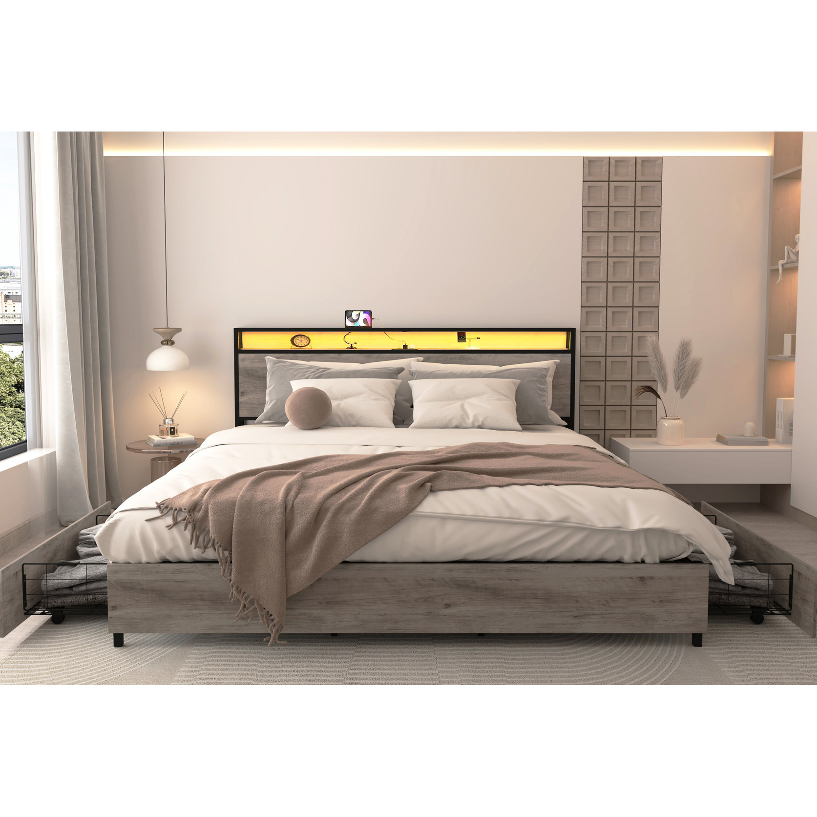King Size Bed Frame with Storage Headboard and Cable Management / Keep ...