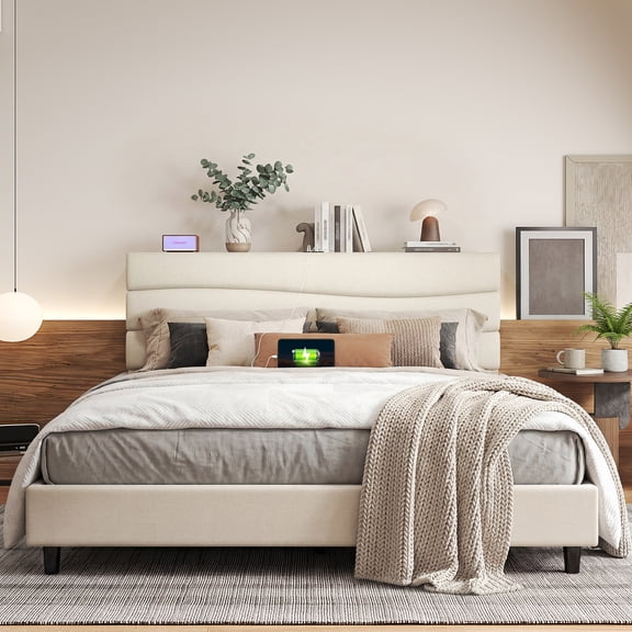 King Size Bed Frame with Storage Platform Upholstered Bed Frame with Adjustable Headboard & Charge Station,Beige