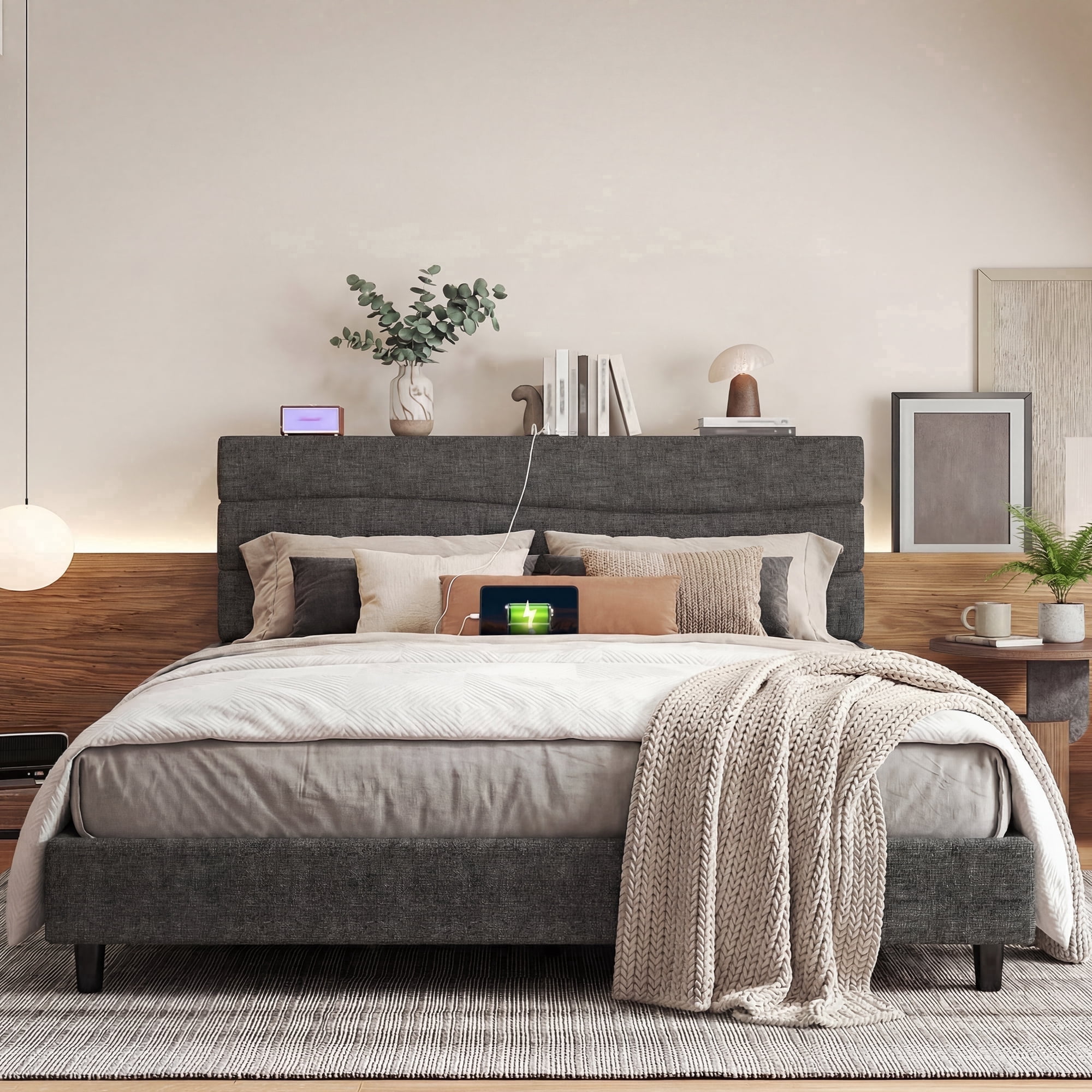 King Size Bed Frame with Storage Platform Upholstered Bed Frame with Adjustable Headboard & Charge Station,Gray