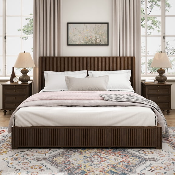 King Size Bed Frame with Tall Wingback Headboard, Floor-standing Platform Bed with Fluted Design, No Box Spring Needed, Easy Assembly, Walnut