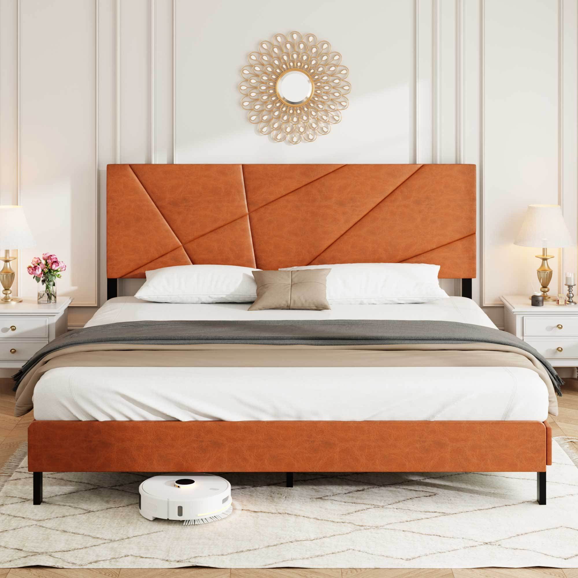 King Size Bed Frame with Upholstered Headboard, Metal Support, No Box Spring Needed, Antique Brown